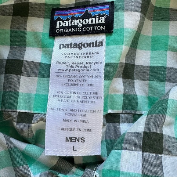 Patagonia Organic Cotton Shirt Mens Large Green Plaid Short Sleeve Button Up - Picture 3 of 8